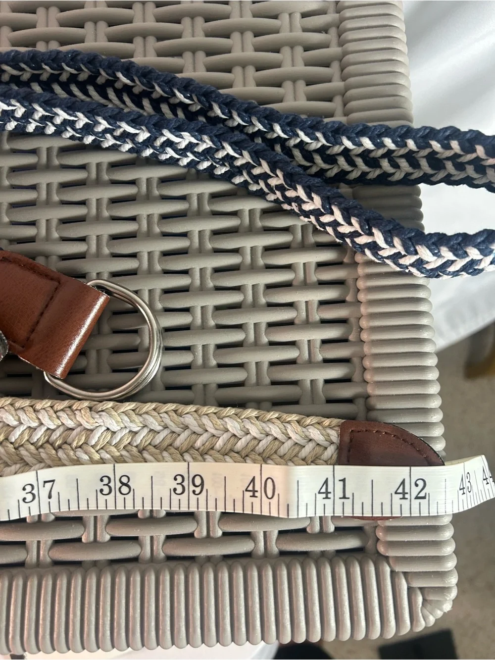 Woven Stretch Belt in Navy and Cream with Brown Leather Trim